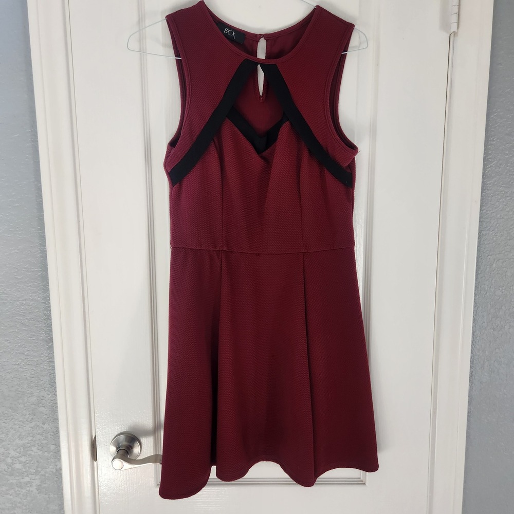 BCX Womens Burgundy Cutout Fit and Flare Textured Skater Dress Size L